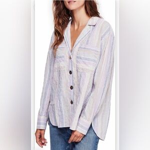 Free People Womens High Tide Striped Boho Button-Down Top Purple